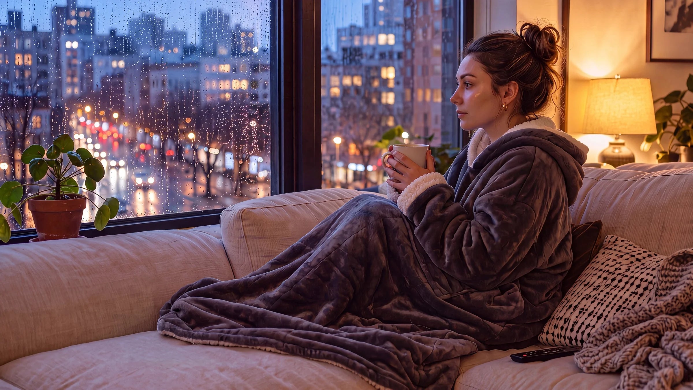 Woman relaxing on the sofa wrapped in the MELT wearable heated blanket
