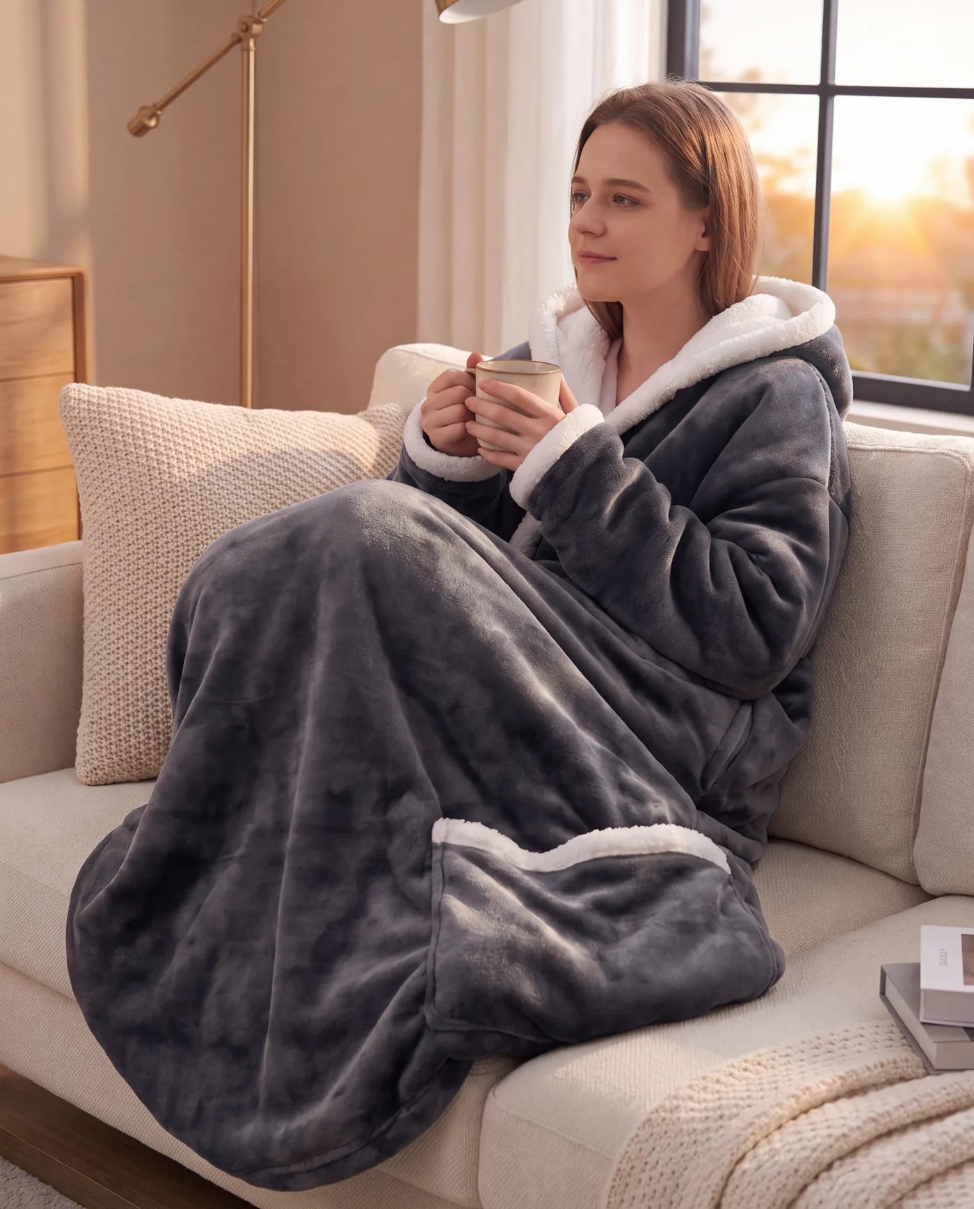 Woman relaxing on the sofa in the MELT blanket with her feet in the foot pocket
